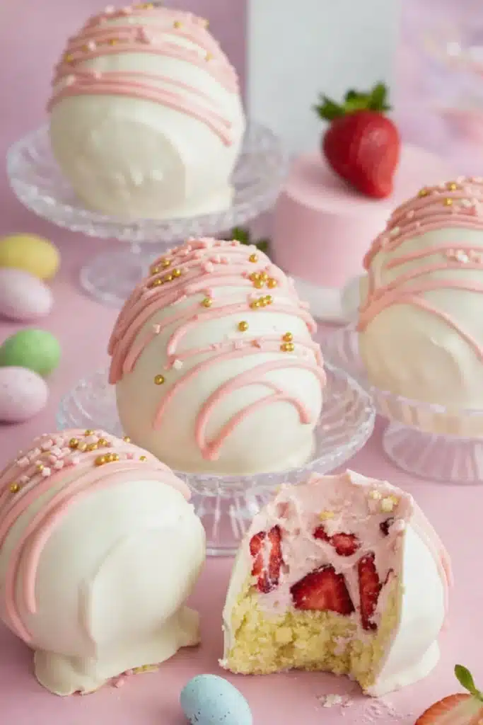 Strawberry shortcake Easter egg bombs with white chocolate shell and strawberry cream filling