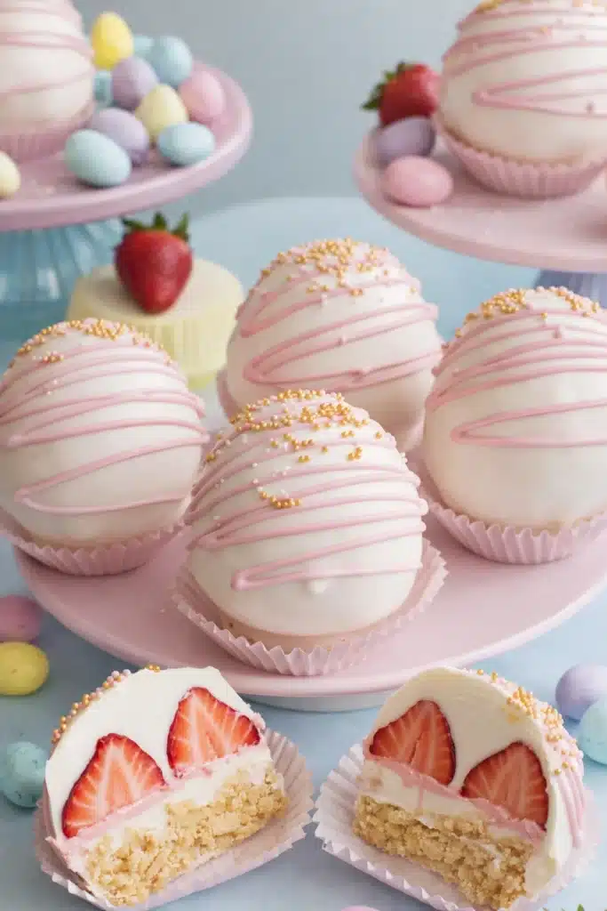 Strawberry Shortcake Easter Egg Bombs Easy Spring Treat 4 Strawberry Shortcake Easter Egg Bombs with white chocolate shell and strawberry cream center
