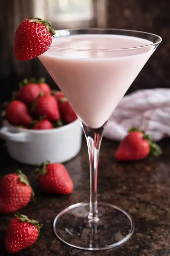 Creamy strawberry shortcake martini with fresh strawberries on table