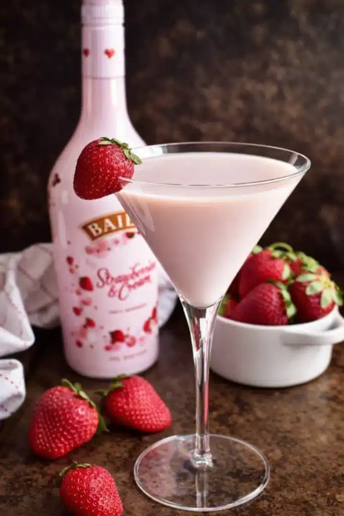 Creamy strawberry shortcake martini with liqueur bottle and fresh strawberries