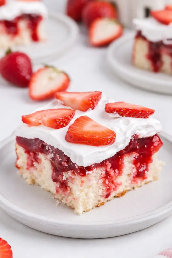 Strawberry Shortcake Poke Cake slice with whipped cream and fresh strawberries