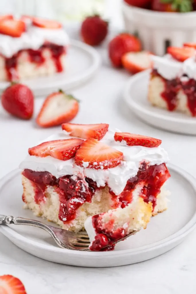 Strawberry Shortcake Poke Cake | Easy & Delicious Dessert 7 Strawberry Shortcake Poke Cake slice topped with whipped cream and fresh strawberries