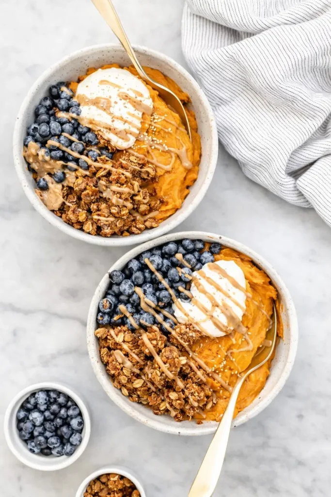 Sweet Potato Breakfast Bowl with yogurt, berries and granola