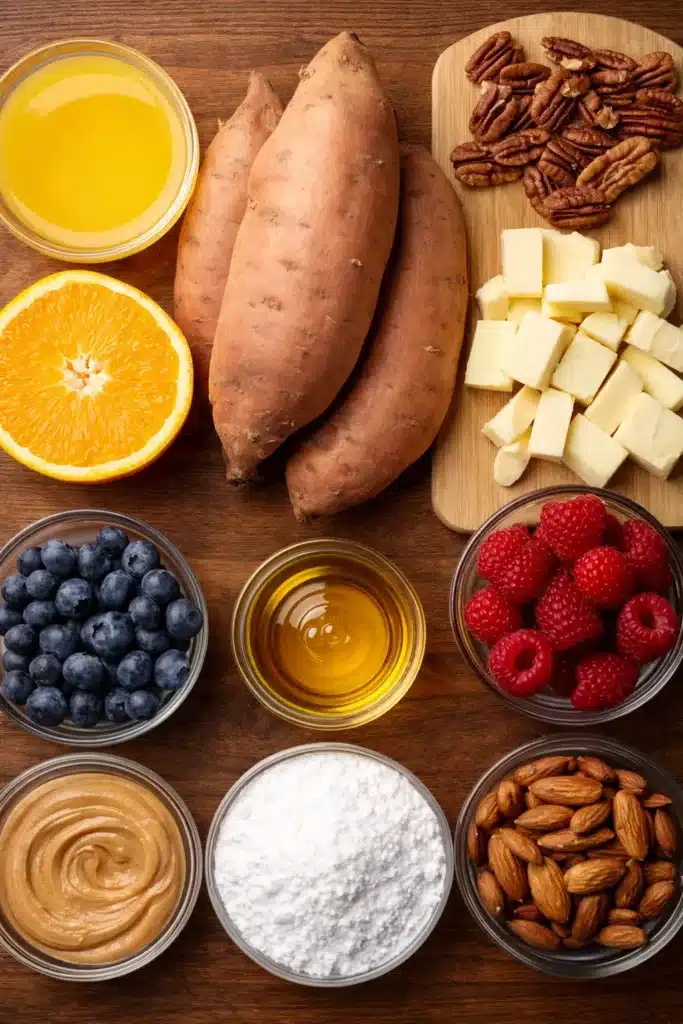 Sweet Potato Breakfast Bowls Amazing Cozy Start 6 Sweet Potato Breakfast Bowls ingredients on brown wooden table