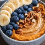 Sweet potato breakfast bowls with almond butter, bananas, blueberries and pecans