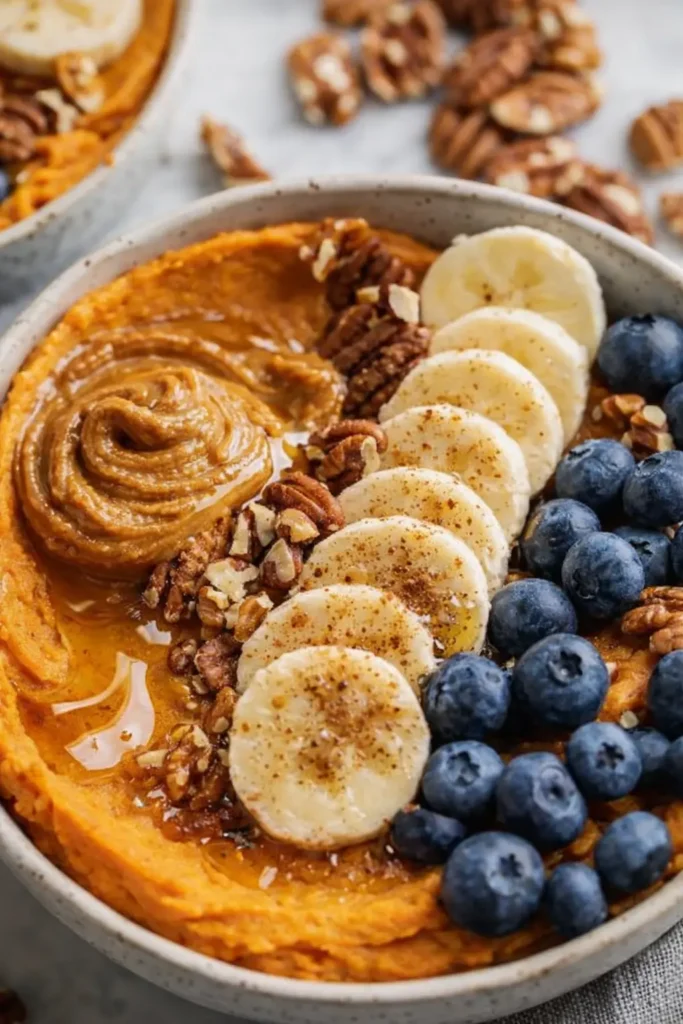 Sweet Potato Breakfast Bowls Amazing Cozy Start 8 Sweet Potato Breakfast Bowls with almond butter bananas blueberries and pecans