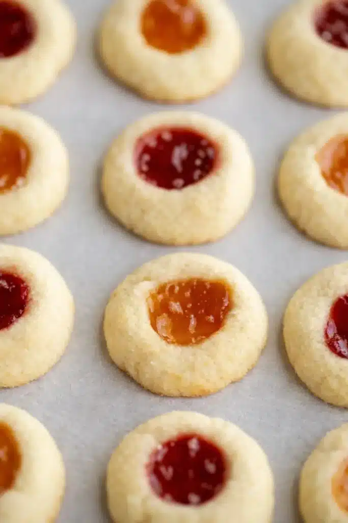 Thumbprint cookies with apricot and raspberry jam centers on parchment