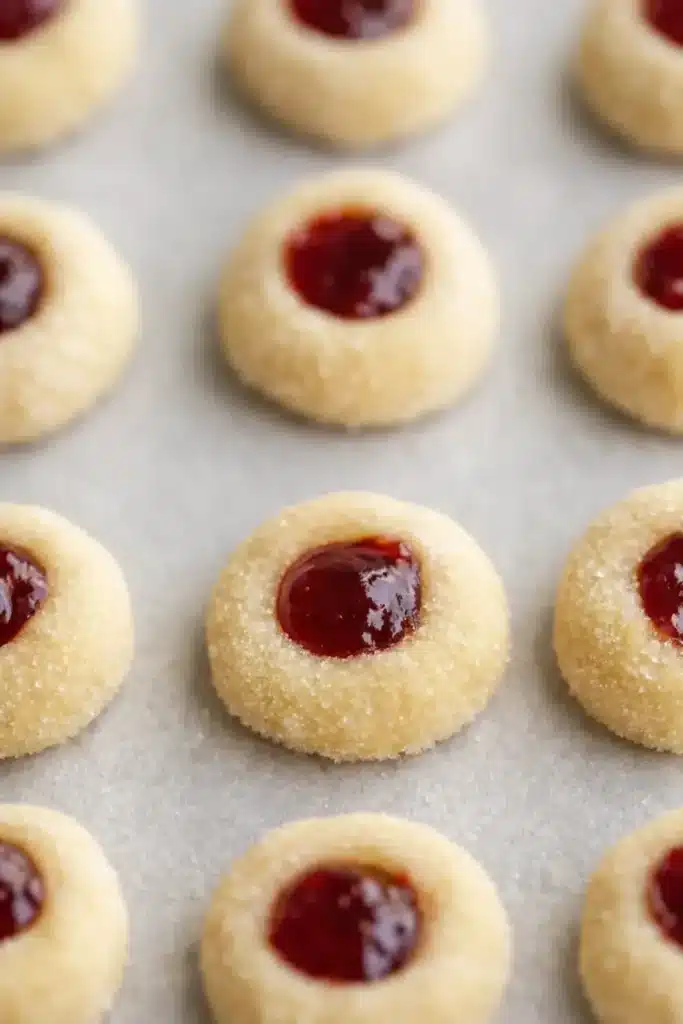 Thumbprint cookies with glossy red jam centers on parchment paper