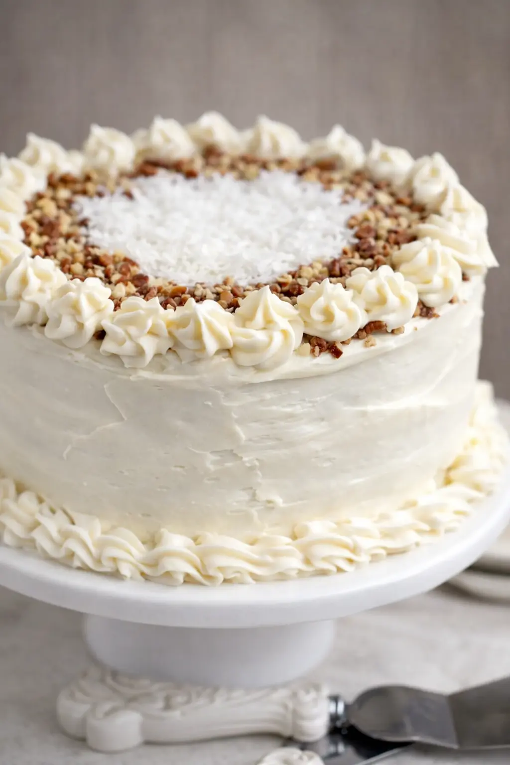 To Die For Carrot Cake with cream cheese frosting and pecans on a cake stand