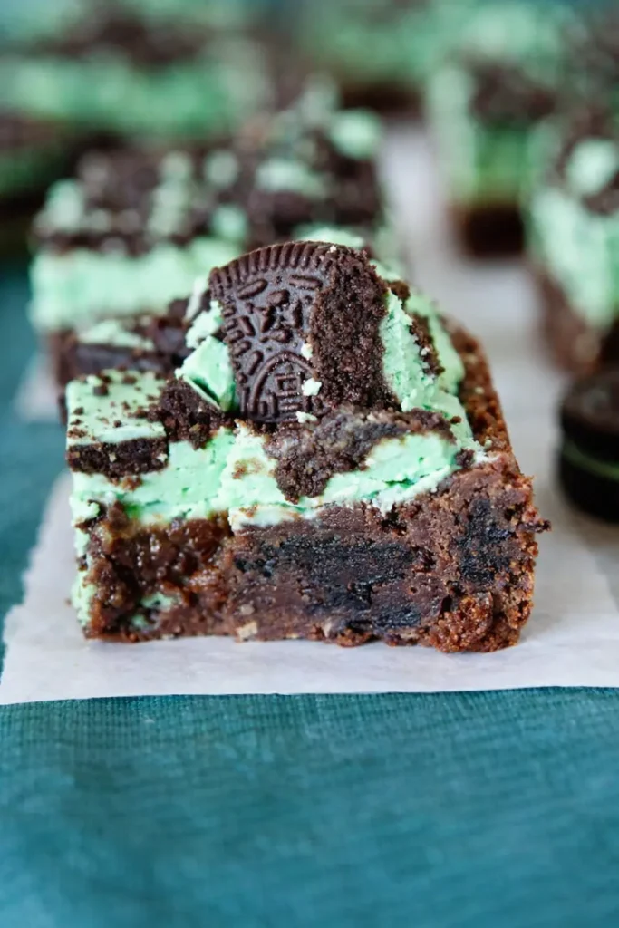 Triple Layer Mint Brownies Amazing Fudgy Treat 7 Triple Layer Mint Brownies close up with fudgy chocolate base and mint frosting