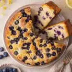 Vegan lemon blueberry cake with golden crust and powdered sugar