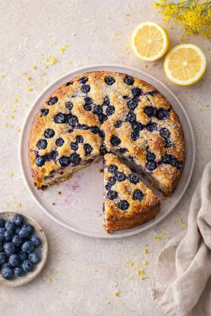 Vegan Lemon Blueberry Cake – Easy, Moist & Irresistible 7 Vegan lemon blueberry cake on plate with one slice cut out