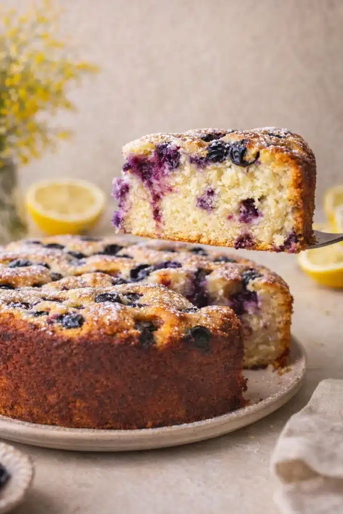 Vegan Lemon Blueberry Cake – Easy, Moist & Irresistible 6 Vegan lemon blueberry cake slice showing soft crumb and juicy blueberries