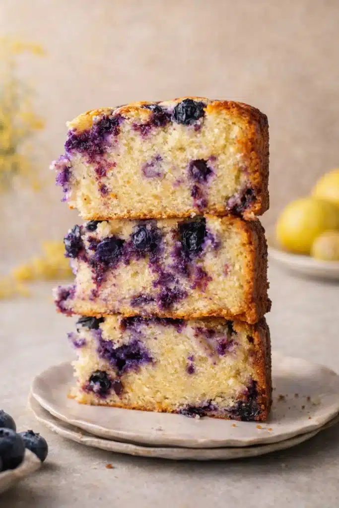 Vegan Lemon Blueberry Cake – Easy, Moist & Irresistible 8 Stacked slices of vegan lemon blueberry cake on ceramic plate