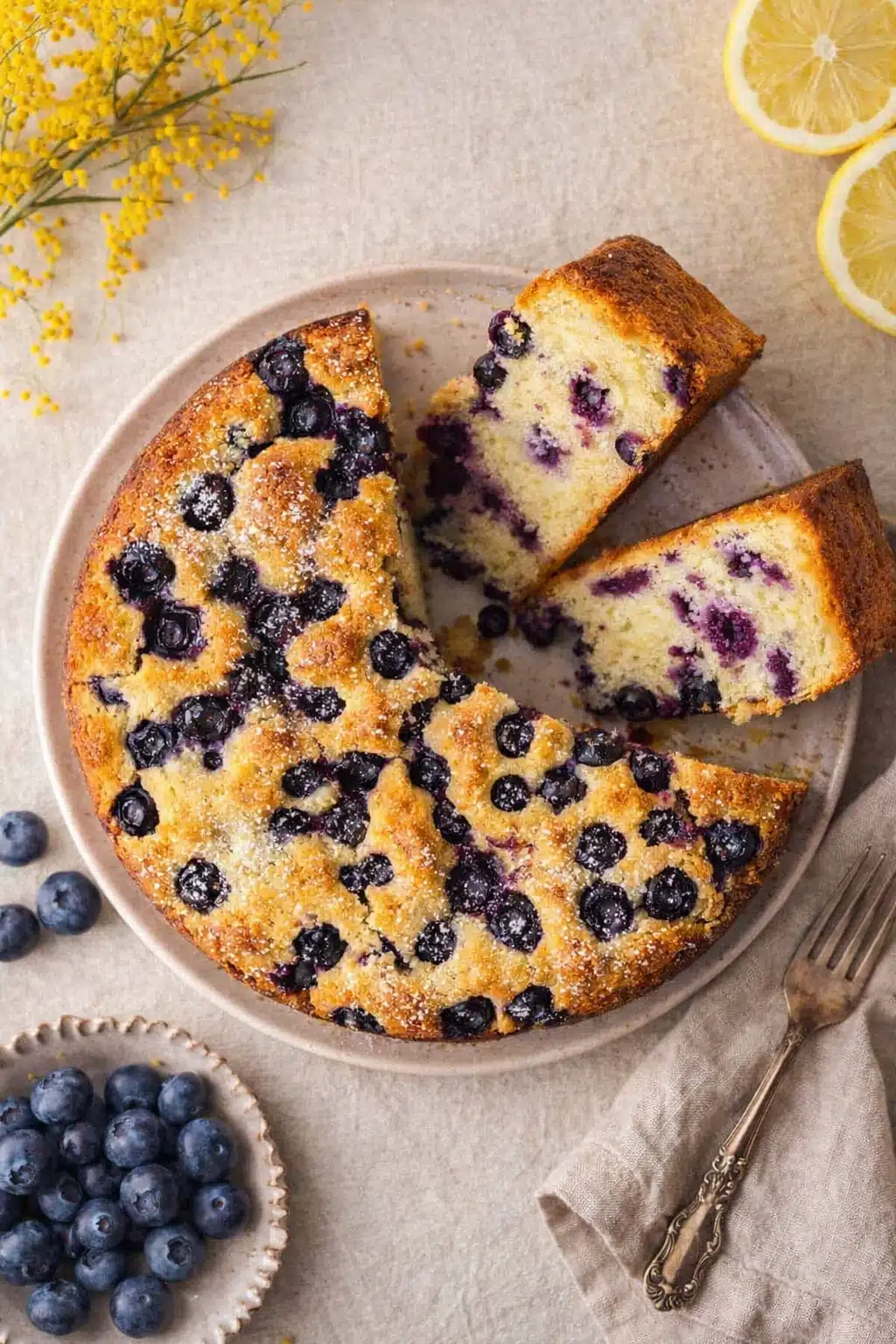 Vegan lemon blueberry cake with golden crust and powdered sugar