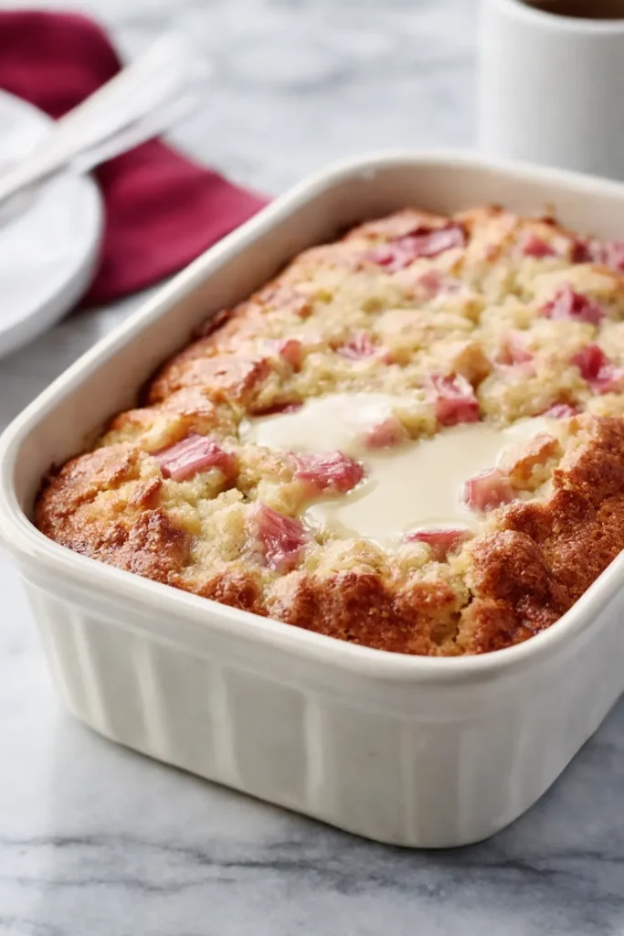 Warm Rhubarb Cake baked in ceramic dish with butter sauce center