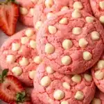 Soft pink strawberry cookies with white chocolate chips and fresh strawberries