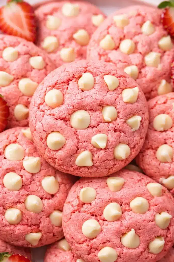 White Chocolate Chips Strawberry Cookies Soft and Easy 5 White chocolate chips Strawberry Cookies stacked with fresh strawberries