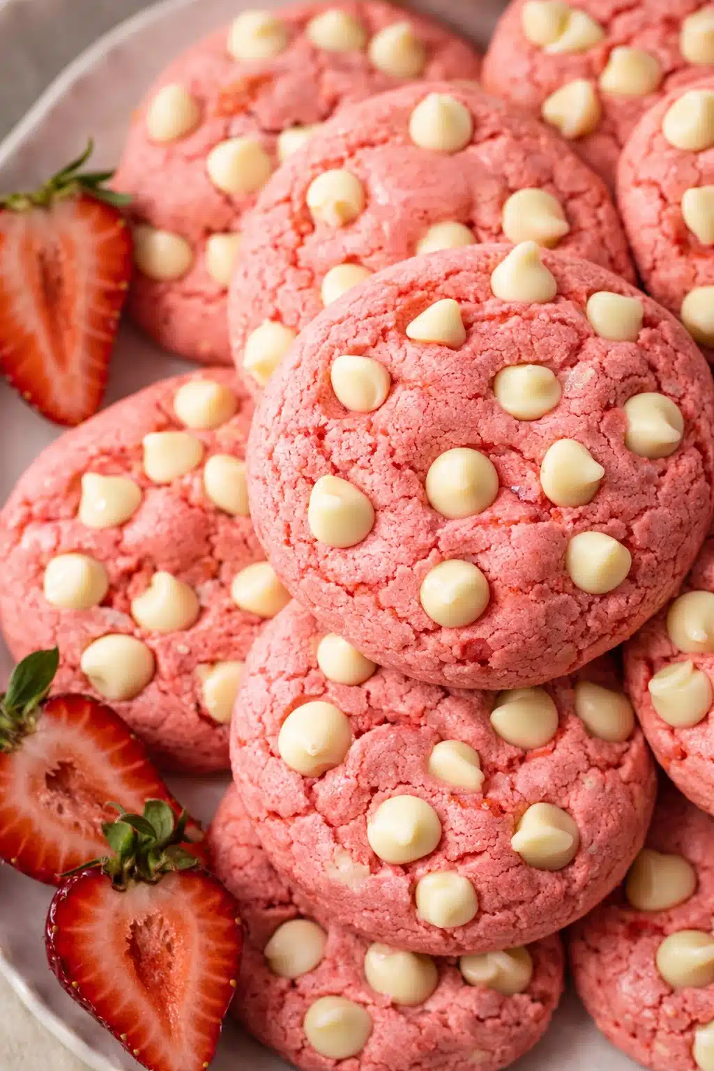 Soft pink strawberry cookies with white chocolate chips and fresh strawberries