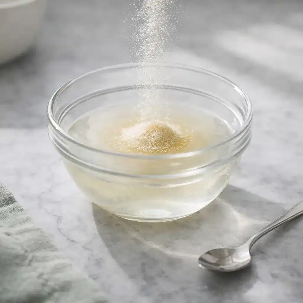 gelatin trick recipe bloom step with gelatin powder sprinkling into water in a glass bowl