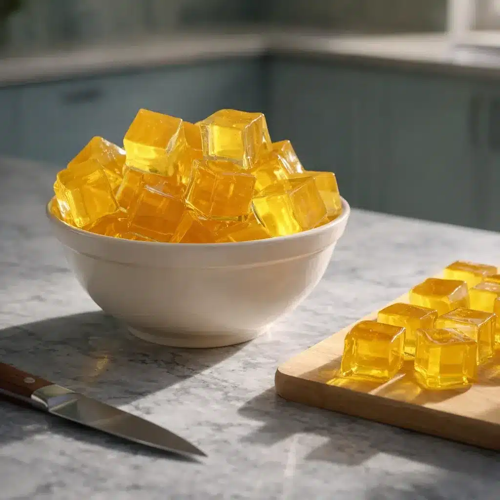 gelatin trick recipe cubes in a bowl with extra golden cubes on a board for a pre meal snack