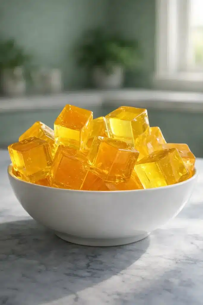 gelatin trick recipe golden gelatin cubes in a bowl on a countertop, firm jiggly snack ready to serve