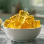 Gelatin trick recipe cubes in a bowl, golden homemade gelatin snack for fullness before meals