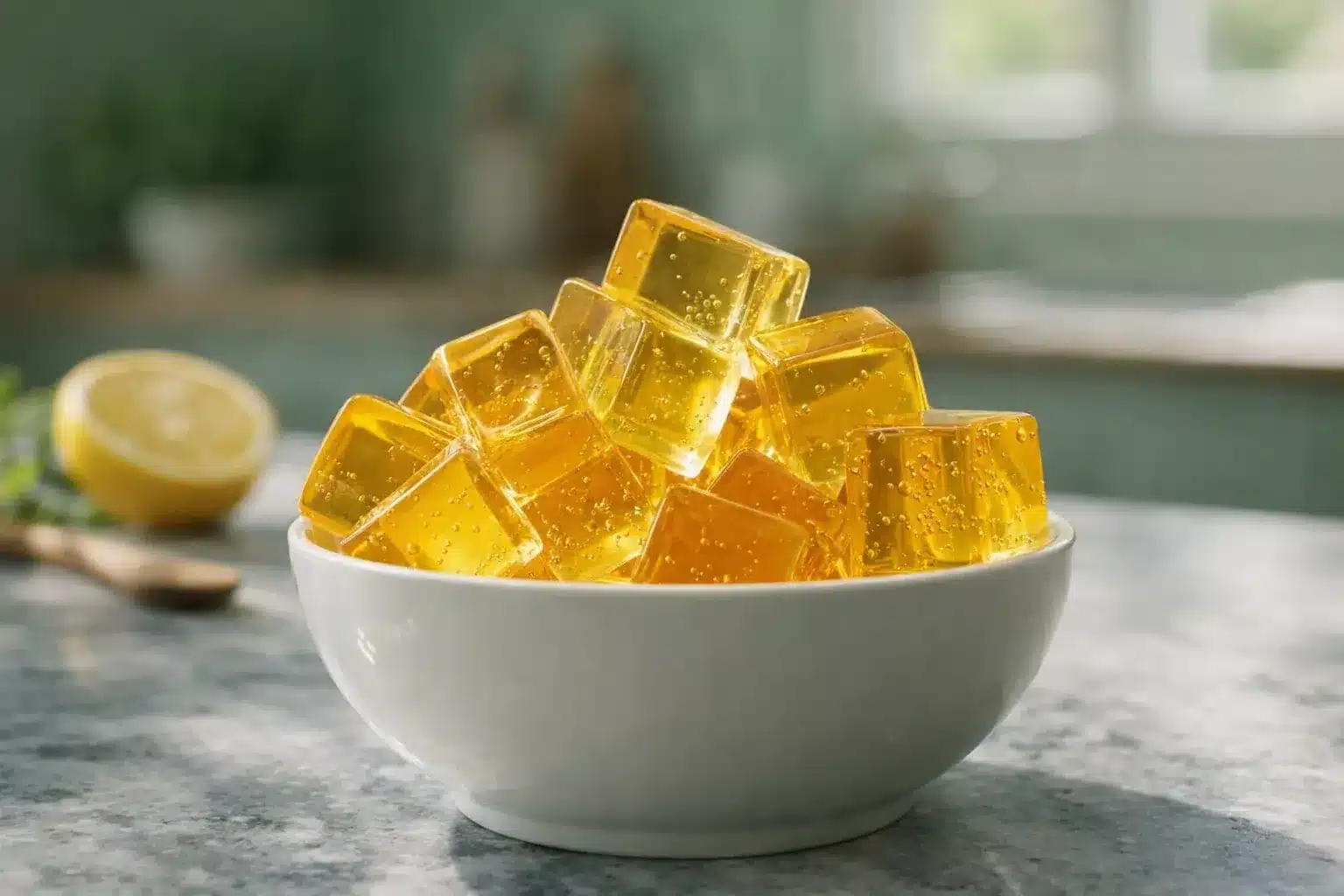 home 8 Gelatin trick recipe cubes in a bowl, golden homemade gelatin snack for fullness before meals