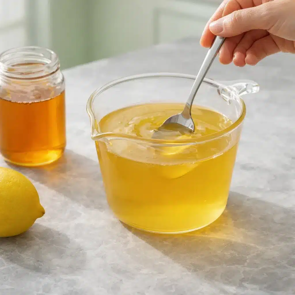 gelatin trick recipe mixing step with lemon and honey stirred into warm gelatin liquid in a glass measuring cup