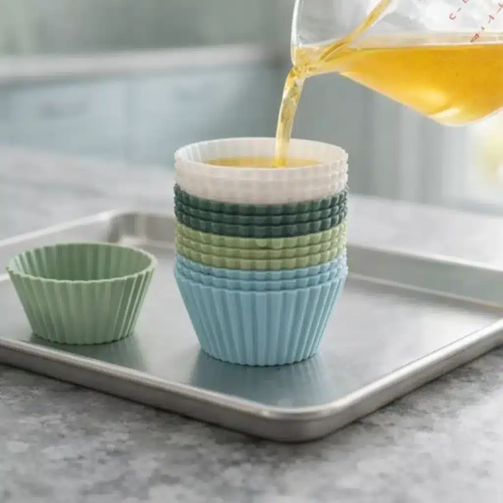 gelatin trick recipe pouring step into silicone molds for meal prep cubes on a tray