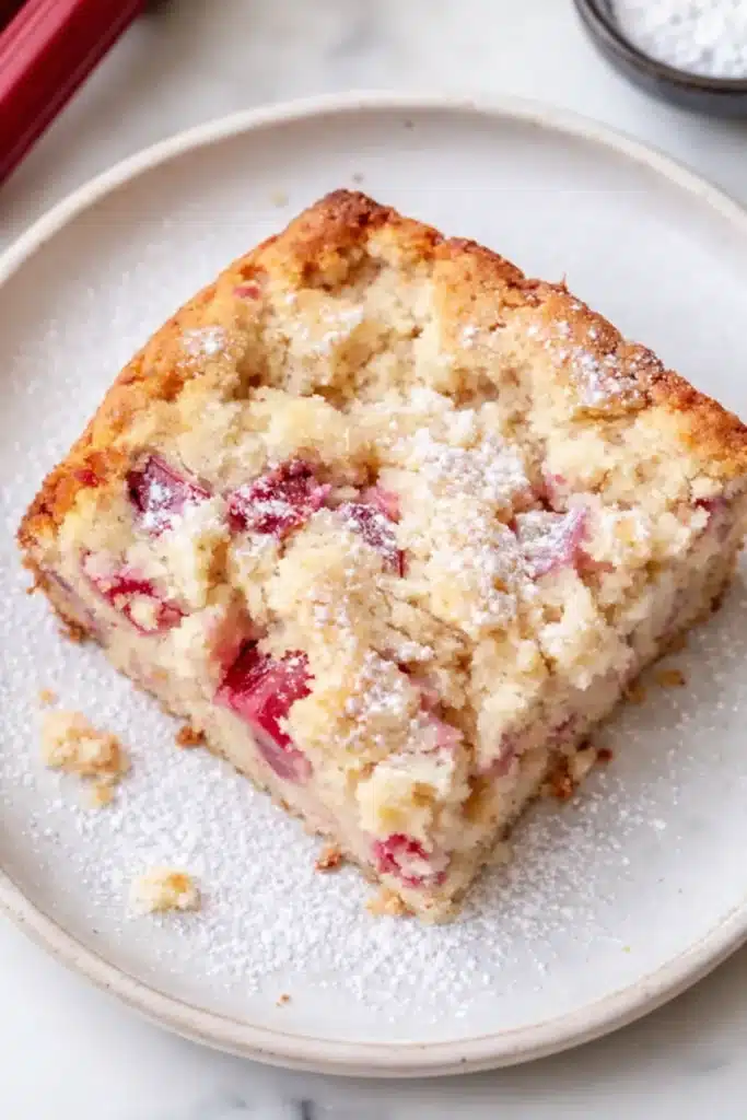 Moist rhubarb cake slice with powdered sugar and fresh rhubarb pieces