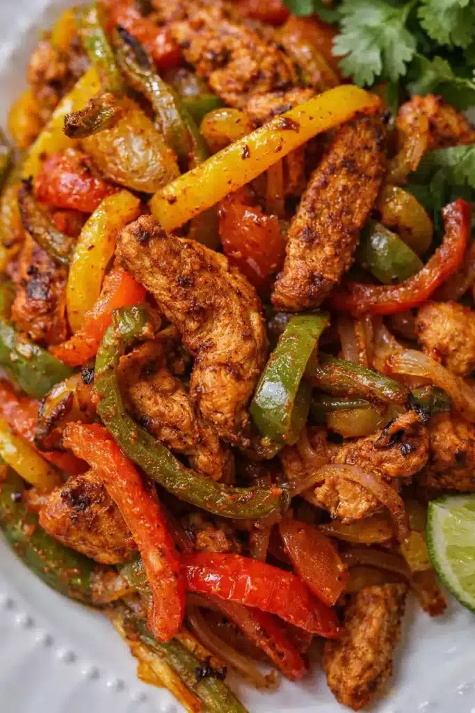 Air Fryer Chicken Fajitas close-up with seasoned chicken and peppers