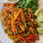Air fryer chicken fajitas with peppers, onions, guacamole, and lime on a plate