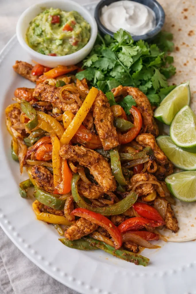 Air fryer chicken fajitas with peppers, onions, guacamole, and lime on a plate
