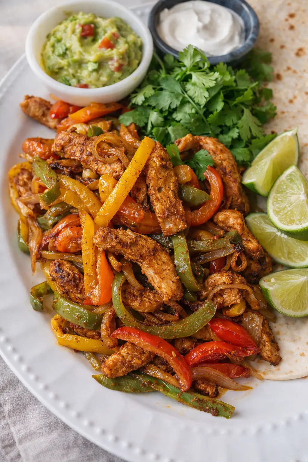 Air fryer chicken fajitas with peppers, onions, guacamole, and lime on a plate