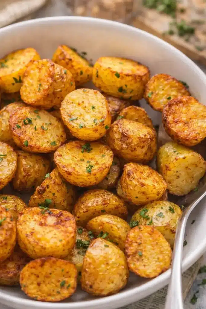 Golden crispy air fryer roasted potatoes with parsley in a ceramic bowl