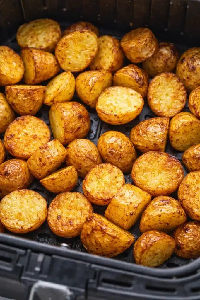 Air fryer roasted potatoes cooking crispy inside air fryer basket