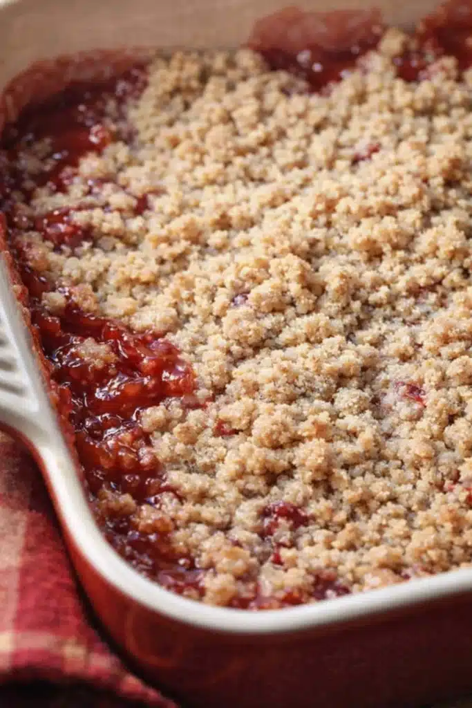 Strawberry Rhubarb Crumble baked with a golden topping and bubbly fruit