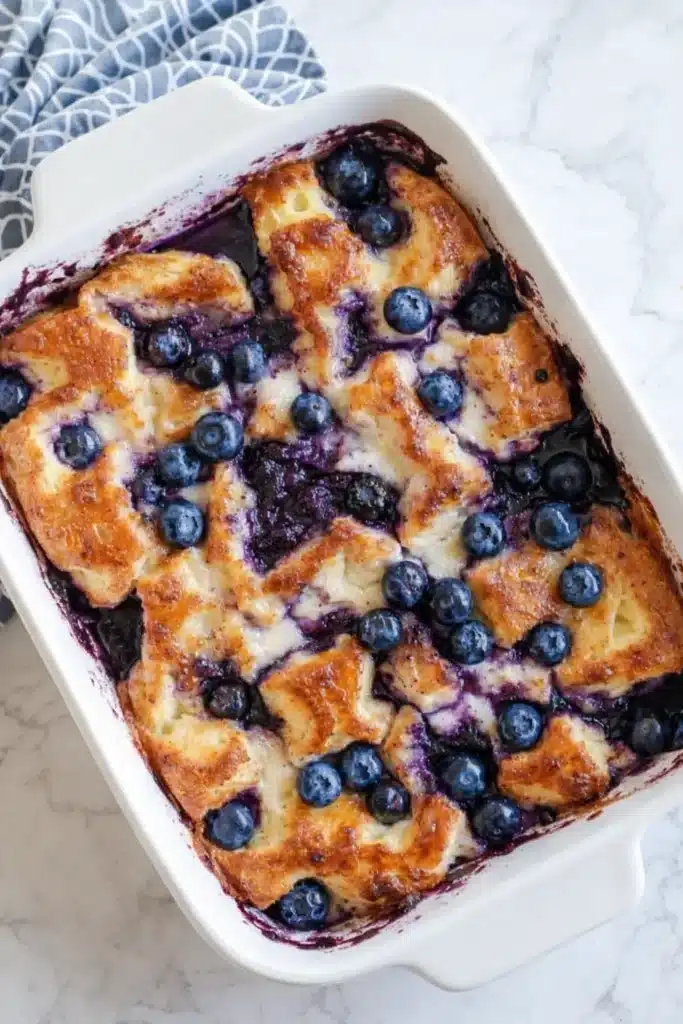 Blueberry French toast casserole baked with golden bread cubes and fresh blueberries in a ceramic baking dish