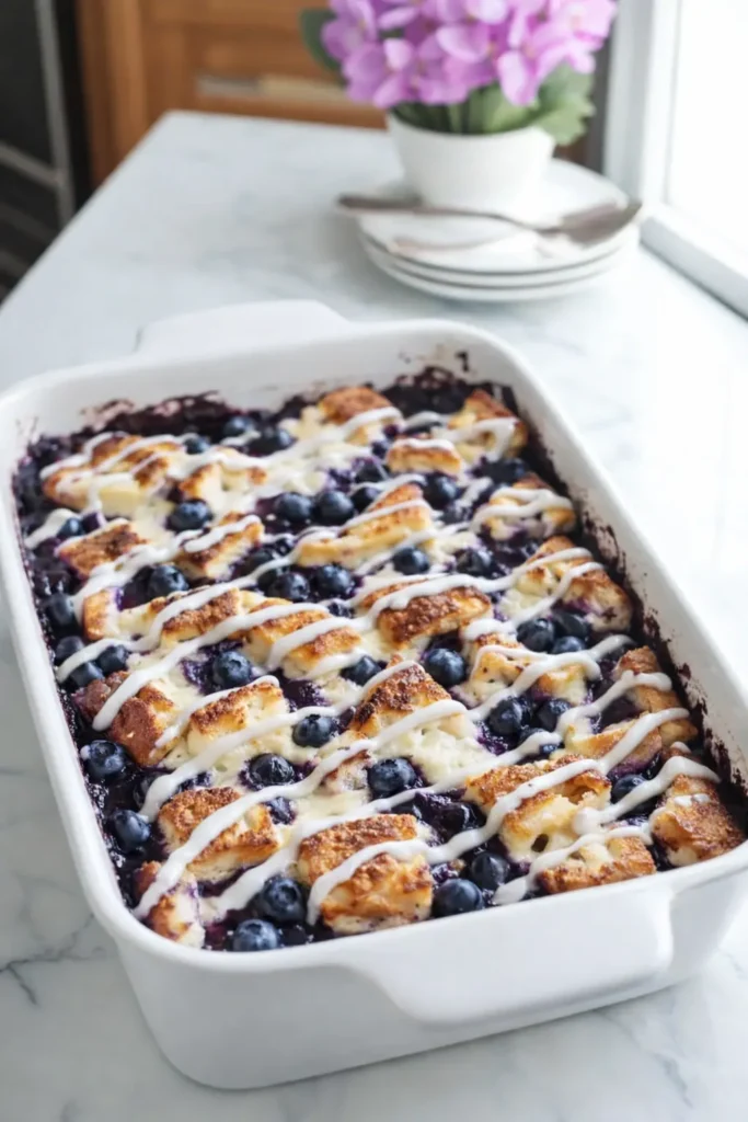 blueberry french toast casserole with cream cheese glaze and baked blueberries