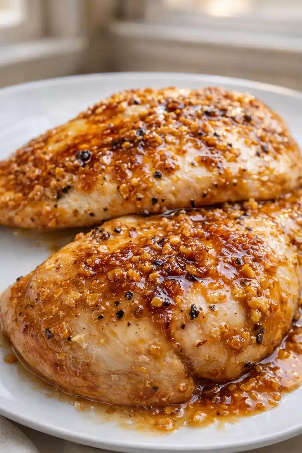 Brown sugar garlic chicken with glossy caramelized glaze and minced garlic