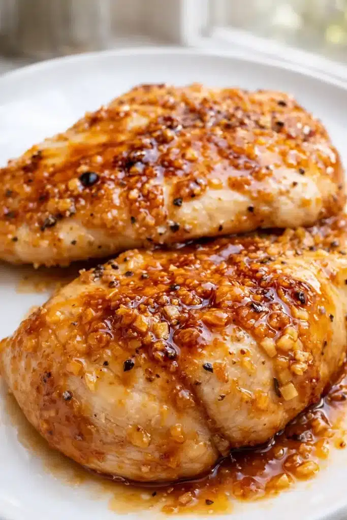 Brown sugar garlic chicken with caramelized garlic glaze on white plate