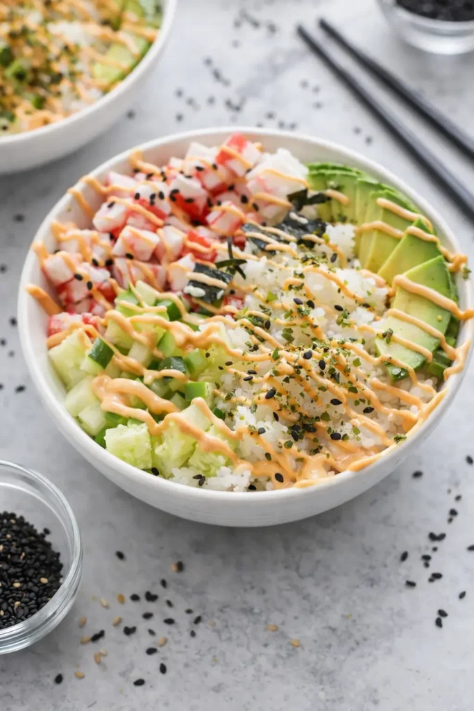 California Roll Sushi Bowls with crab, avocado, cucumber, rice and spicy mayo drizzle