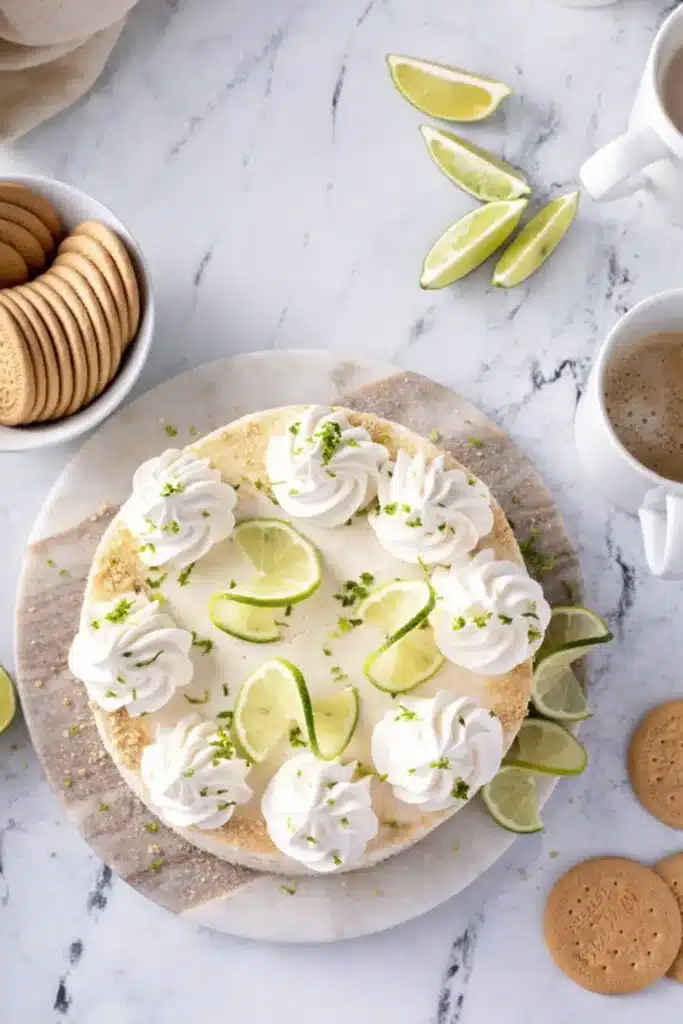 Carlota de Limón Mexican lime icebox cake topped with whipped cream and lime slices