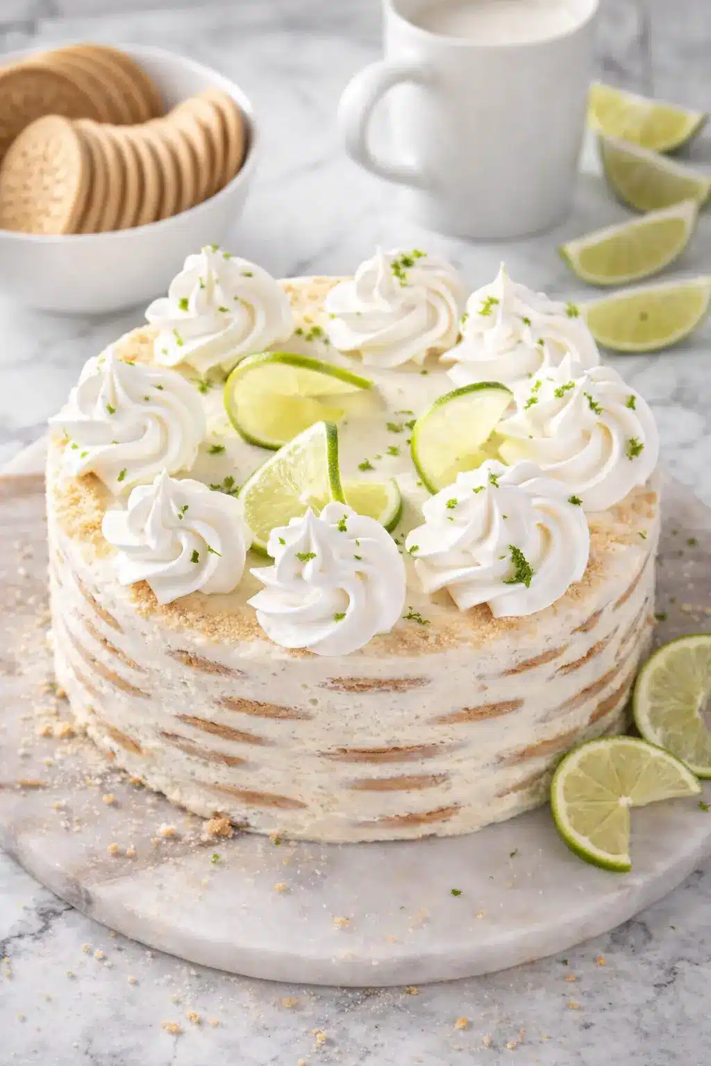 Carlota de Limón Mexican lime icebox cake with whipped cream and lime slices