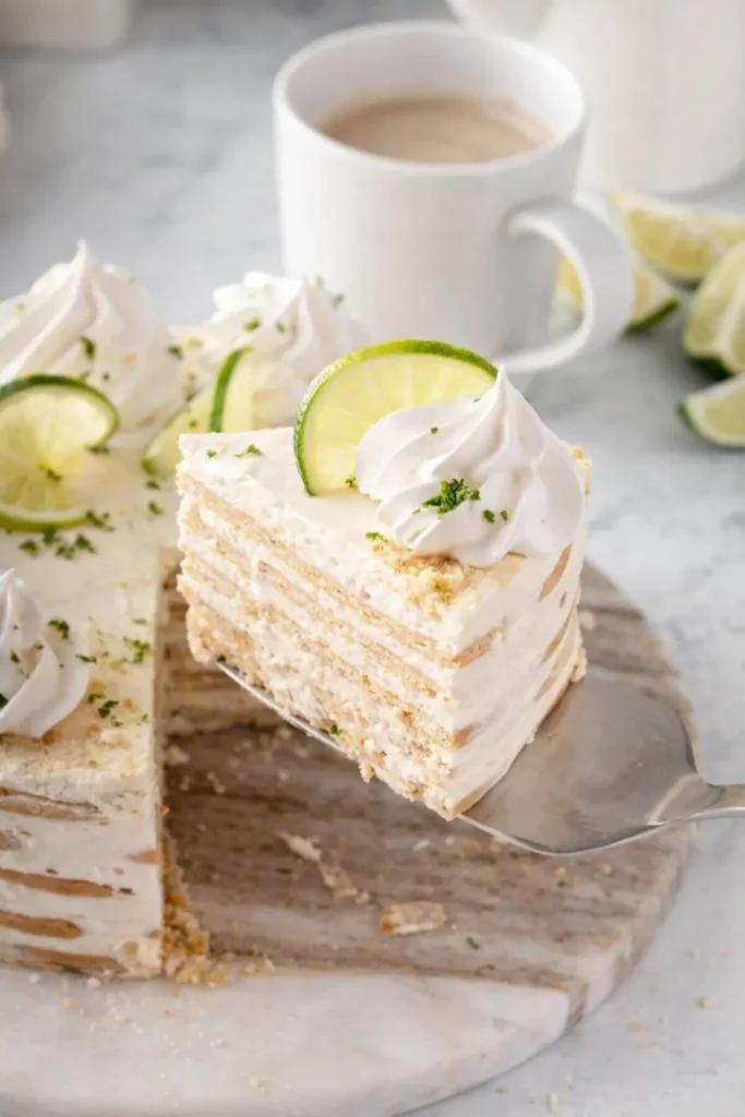 Carlota de Limón slice lifted from cake showing creamy lime layers