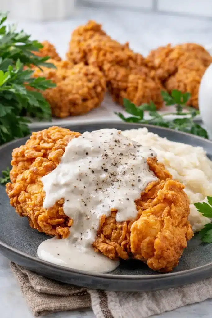 Chicken fried chicken with creamy country gravy and mashed potatoes on a plate