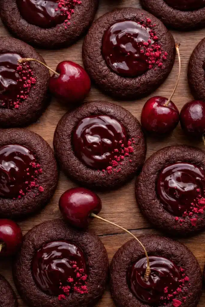 Chocolate Cherry Cookies with glossy ganache centers and fresh cherries