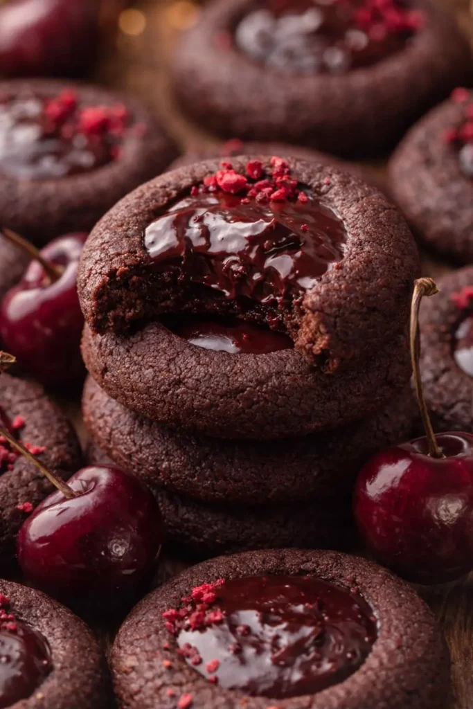 Chocolate cherry cookies with glossy ganache center and fresh cherries