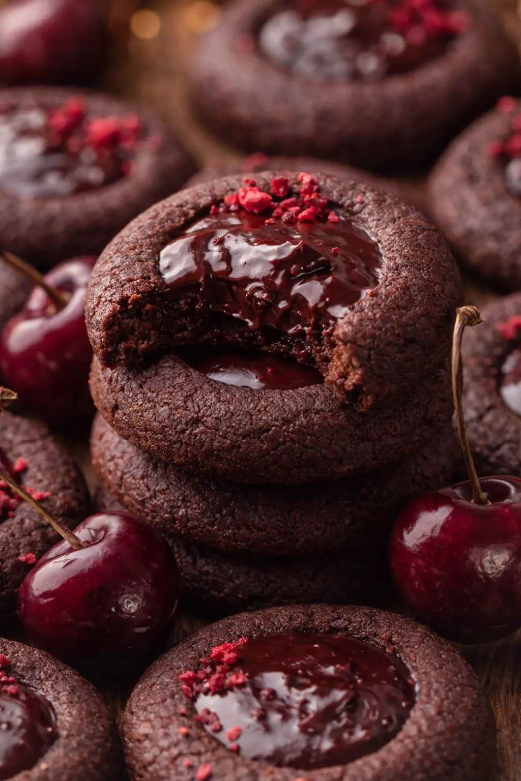 Chocolate cherry cookies with glossy ganache center and fresh cherries